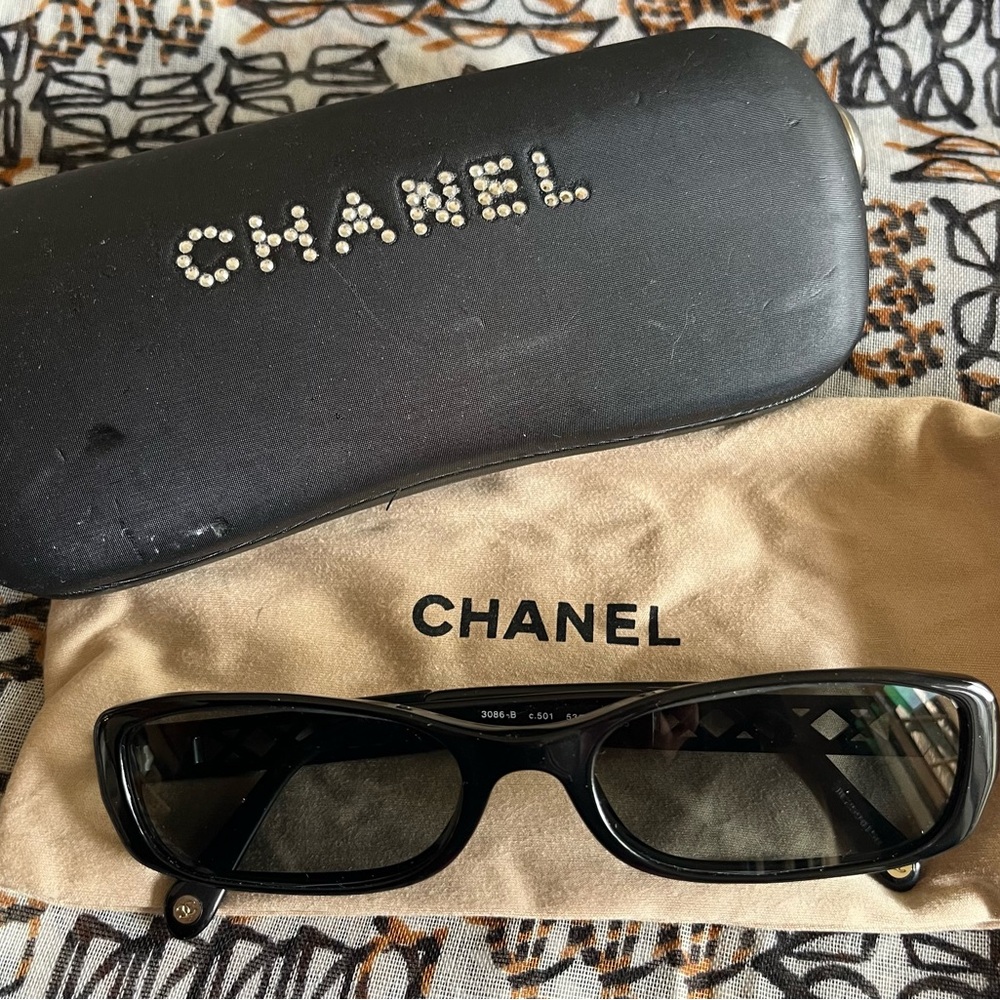 CHANEL Black Narrow Rectangular Sunglasses - image 1